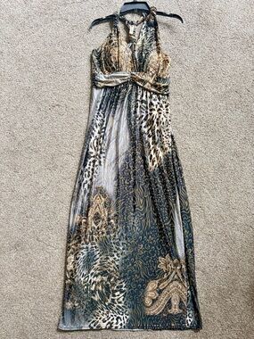 Shoreline Black and Gold Patterned Halter Maxi Dress